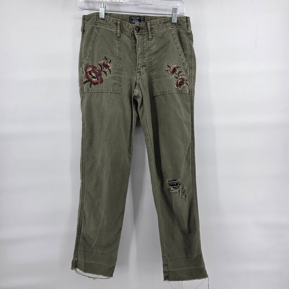 Abercrombie & Fitch Ames Slim Boyfriend Pants 26 2R Green Floral Boho Distressed